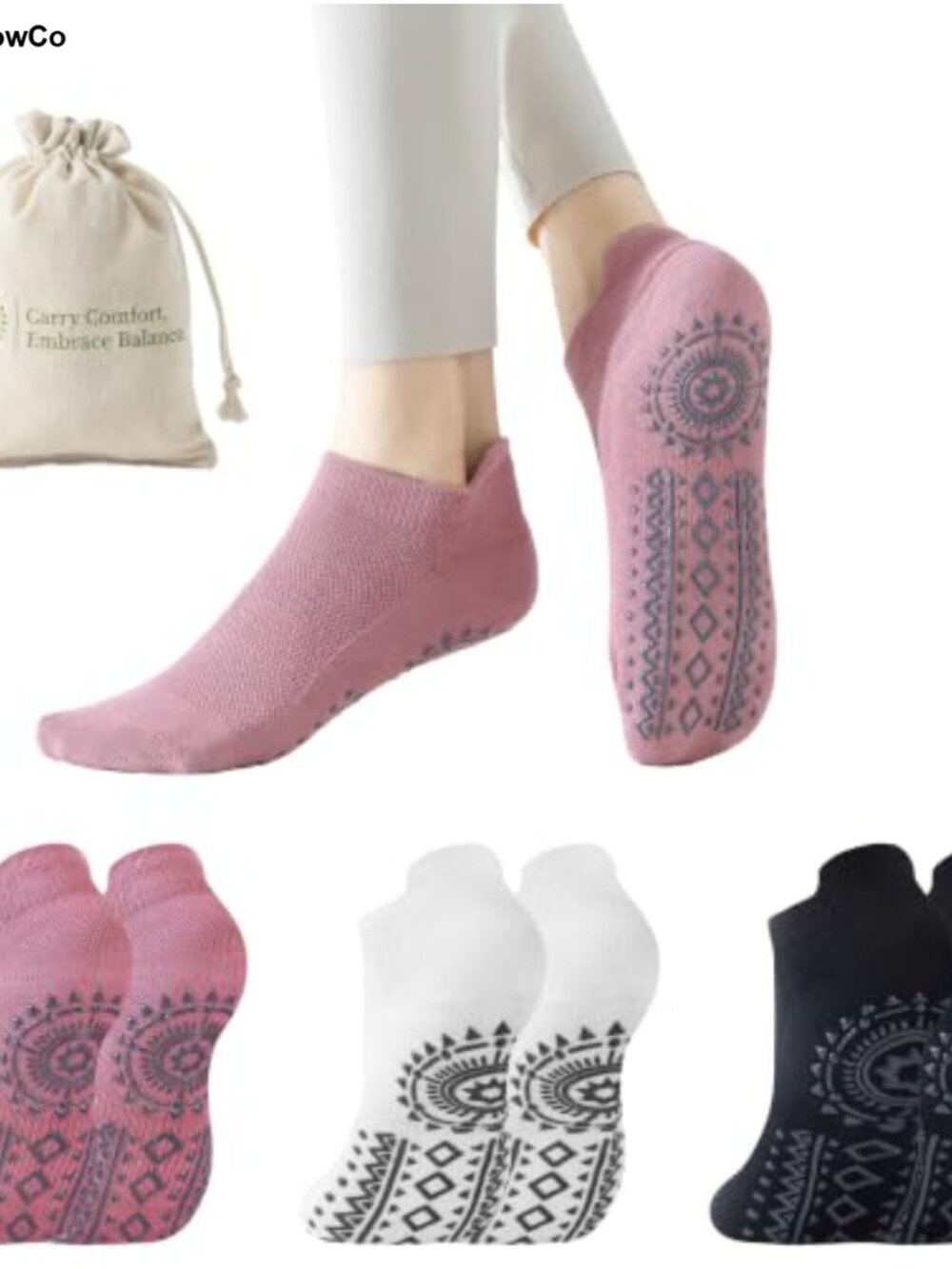 Non Slip Grip Yoga Pilates Socks for Women Cotton Ankle Athletic Socks